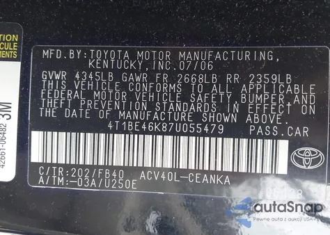 2007 Toyota Camry Le z USA, uszkodzony, nr VIN 4T1BE46K87U055479
